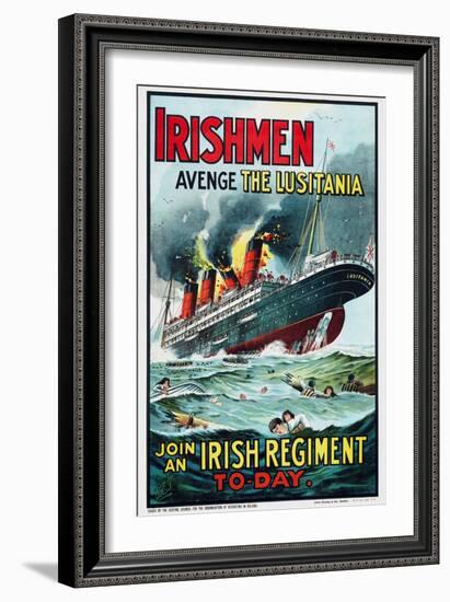 The sinking of RMS Lusitania with the ship in flames. Lusitania was hit in 1915 by a German U-boat.-Vernon Lewis Gallery-Framed Art Print
