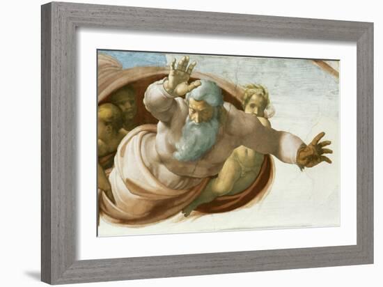 The Sistine Chapel; ceiling frescos after restoration. Dividing the waters from the land.-Michelangelo-Framed Giclee Print