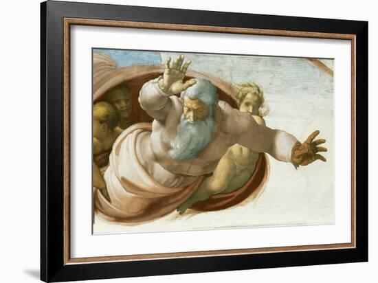 The Sistine Chapel; ceiling frescos after restoration. Dividing the waters from the land.-Michelangelo-Framed Giclee Print