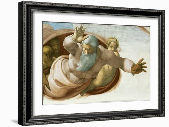 The Sistine Chapel; ceiling frescos after restoration. Dividing the waters from the land.-Michelangelo-Framed Giclee Print