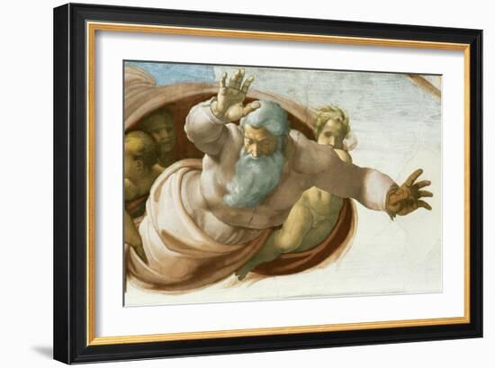 The Sistine Chapel; ceiling frescos after restoration. Dividing the waters from the land.-Michelangelo-Framed Giclee Print