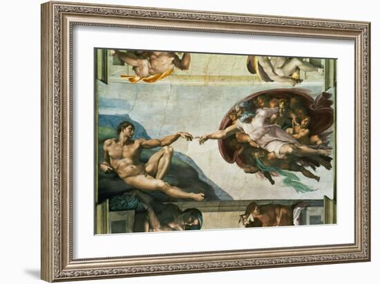 The Sistine Chapel; Ceiling Frescos after Restoration, the Creation of Adam-Michelangelo Buonarroti-Framed Giclee Print