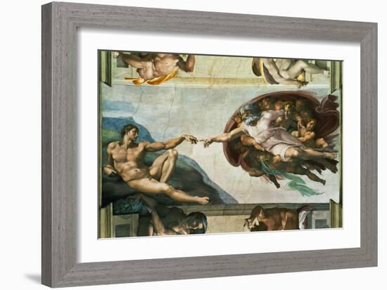 The Sistine Chapel; Ceiling Frescos after Restoration, the Creation of Adam-Michelangelo Buonarroti-Framed Giclee Print