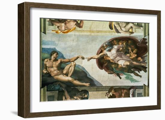 The Sistine Chapel; Ceiling Frescos after Restoration, the Creation of Adam-Michelangelo Buonarroti-Framed Giclee Print