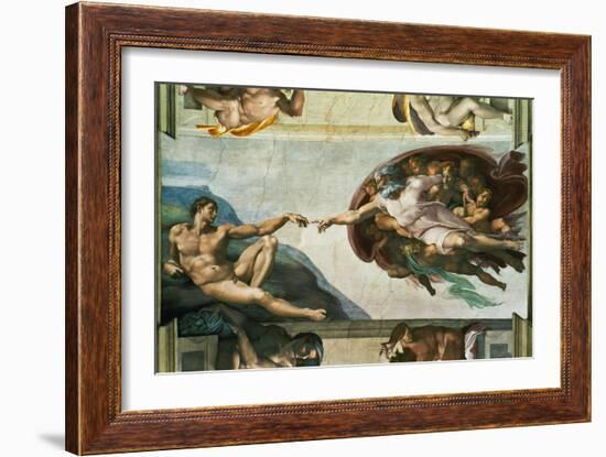 The Sistine Chapel; Ceiling Frescos after Restoration, the Creation of Adam-Michelangelo Buonarroti-Framed Giclee Print