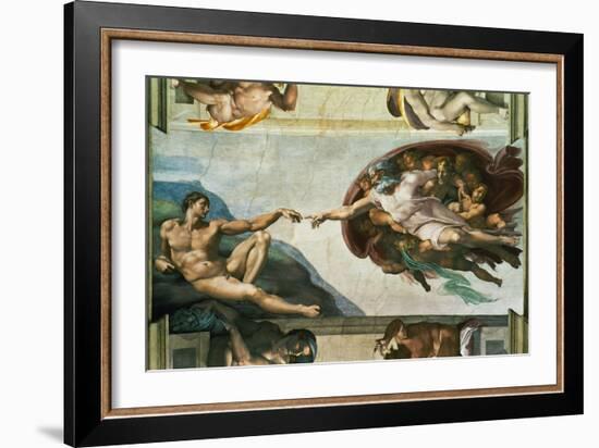 The Sistine Chapel; Ceiling Frescos after Restoration, the Creation of Adam-Michelangelo Buonarroti-Framed Giclee Print