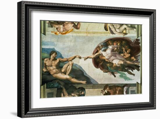 The Sistine Chapel; Ceiling Frescos after Restoration, the Creation of Adam-Michelangelo Buonarroti-Framed Giclee Print