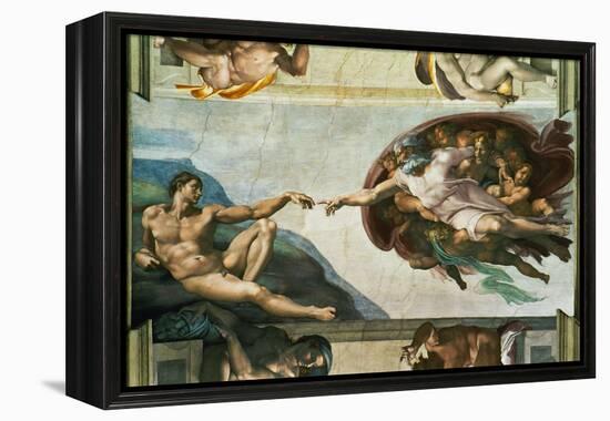 The Sistine Chapel; Ceiling Frescos after Restoration, the Creation of Adam-Michelangelo Buonarroti-Framed Premier Image Canvas