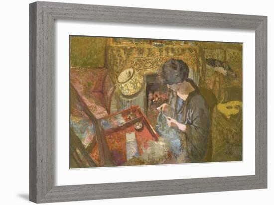 The Small Drawing-Room: Mme Hessel at Her Sewing Table, 1917-Edouard Vuillard-Framed Giclee Print