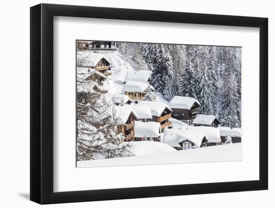 The Snowy Woods Frame the Typical Mountain Huts, Bettmeralp, District of Raron-Roberto Moiola-Framed Photographic Print