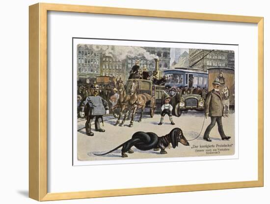 The Solution to the Problem for Traffic When a Very Long Dachshund Crosses the Road with is Owner-null-Framed Art Print