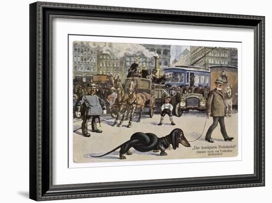 The Solution to the Problem for Traffic When a Very Long Dachshund Crosses the Road with is Owner-null-Framed Art Print