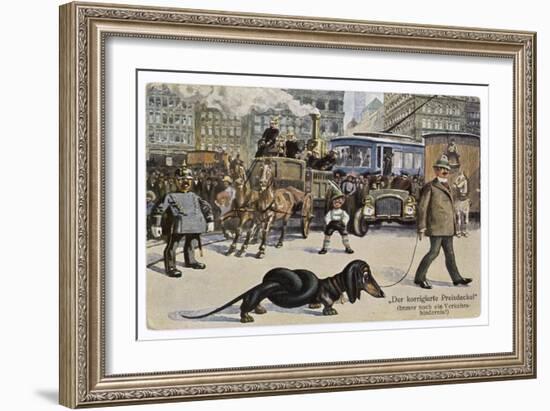 The Solution to the Problem for Traffic When a Very Long Dachshund Crosses the Road with is Owner-null-Framed Premium Giclee Print
