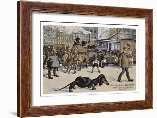 The Solution to the Problem for Traffic When a Very Long Dachshund Crosses the Road with is Owner-null-Framed Premium Giclee Print