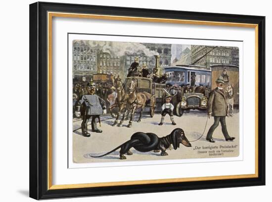 The Solution to the Problem for Traffic When a Very Long Dachshund Crosses the Road with is Owner-null-Framed Premium Giclee Print