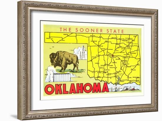 The Sooner State, Oklahoma, Map-null-Framed Art Print