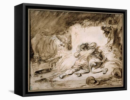 The Stable A Couple Embraces on a Haystack (Drawing in Wash)-Jean-Honore Fragonard-Framed Premier Image Canvas