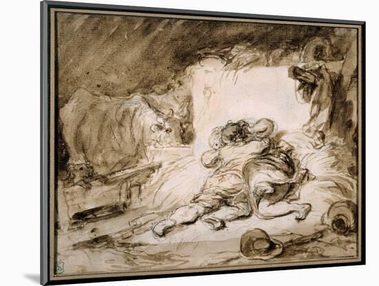 The Stable A Couple Embraces on a Haystack (Drawing in Wash)-Jean-Honore Fragonard-Mounted Giclee Print