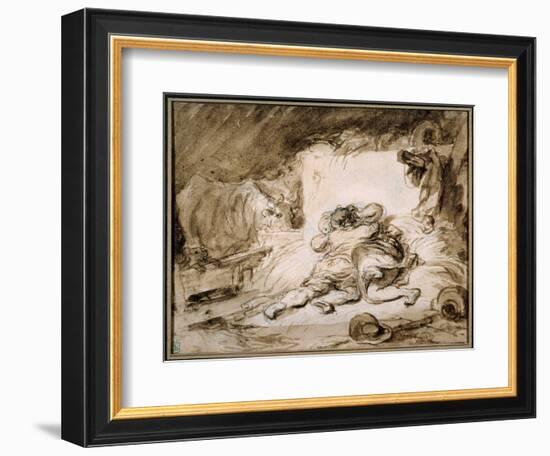 The Stable A Couple Embraces on a Haystack (Drawing in Wash)-Jean-Honore Fragonard-Framed Giclee Print