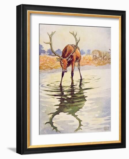 The Stag and its Reflection from 'Aesop's Fables', Pub. by Raphael Tuck and Sons Ltd., London-John Edwin Noble-Framed Giclee Print