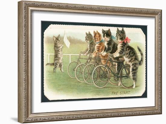 The Start, Cat Cycle Race, Christmas Card-English School-Framed Giclee Print