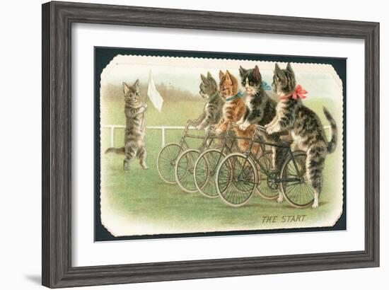 The Start, Cat Cycle Race, Christmas Card-English School-Framed Giclee Print