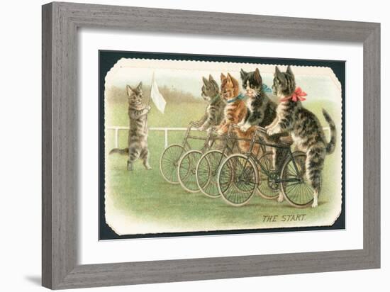 The Start, Cat Cycle Race, Christmas Card-English School-Framed Giclee Print