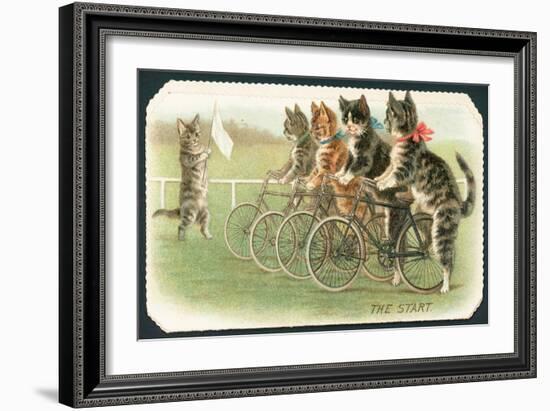 The Start, Cat Cycle Race, Christmas Card-English School-Framed Giclee Print