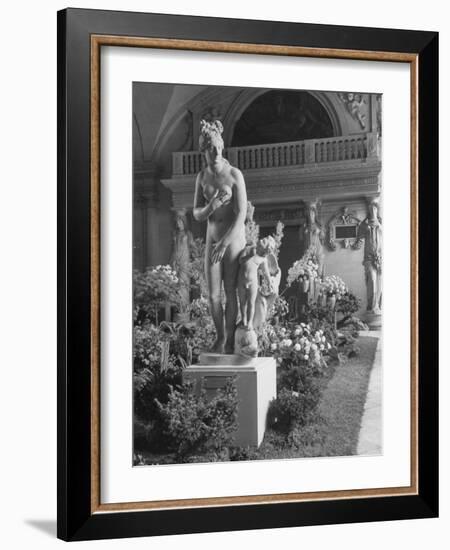 The Statue of Aphrodite and Eros in Louvre Museum During a Flower Show-Dmitri Kessel-Framed Photographic Print