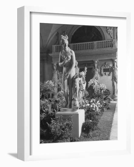 The Statue of Aphrodite and Eros in Louvre Museum During a Flower Show-Dmitri Kessel-Framed Photographic Print