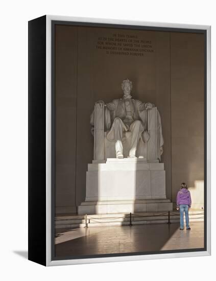 The Statue of Lincoln in the Lincoln Memorial Being Admired by a Young Girl, Washington D.C., USA-Mark Chivers-Framed Premier Image Canvas