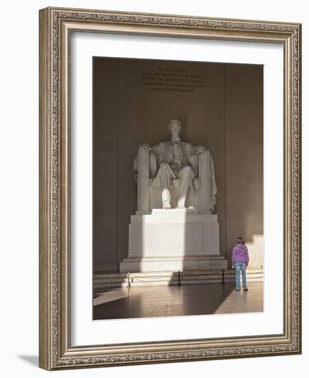 The Statue of Lincoln in the Lincoln Memorial Being Admired by a Young Girl, Washington D.C., USA-Mark Chivers-Framed Photographic Print