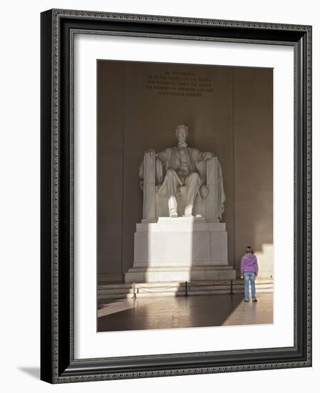 The Statue of Lincoln in the Lincoln Memorial Being Admired by a Young Girl, Washington D.C., USA-Mark Chivers-Framed Photographic Print