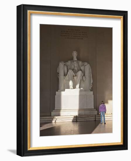 The Statue of Lincoln in the Lincoln Memorial Being Admired by a Young Girl, Washington D.C., USA-Mark Chivers-Framed Photographic Print