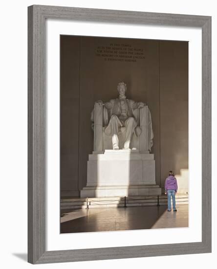 The Statue of Lincoln in the Lincoln Memorial Being Admired by a Young Girl, Washington D.C., USA-Mark Chivers-Framed Photographic Print