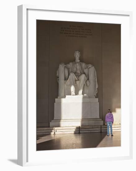 The Statue of Lincoln in the Lincoln Memorial Being Admired by a Young Girl, Washington D.C., USA-Mark Chivers-Framed Photographic Print