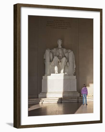 The Statue of Lincoln in the Lincoln Memorial Being Admired by a Young Girl, Washington D.C., USA-Mark Chivers-Framed Photographic Print