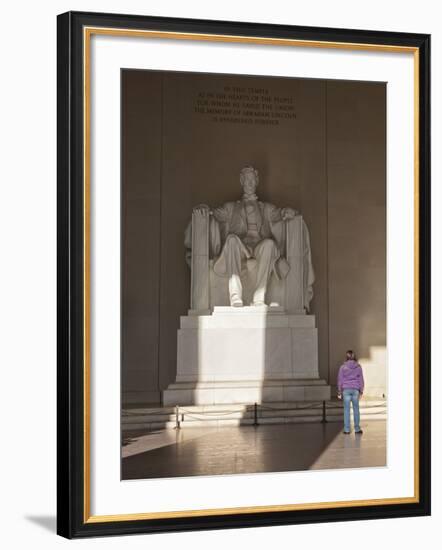 The Statue of Lincoln in the Lincoln Memorial Being Admired by a Young Girl, Washington D.C., USA-Mark Chivers-Framed Photographic Print