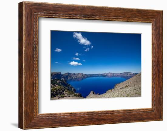 The still waters of Crater Lake, the deepest lake in the U.S.A., part of the Cascade Range, Oregon,-Martin Child-Framed Photographic Print