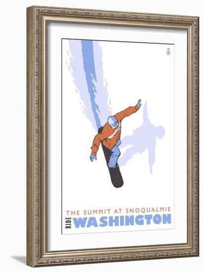 The Summit of Snoqualmie, WA, Stylized Snowboarder-Lantern Press-Framed Art Print