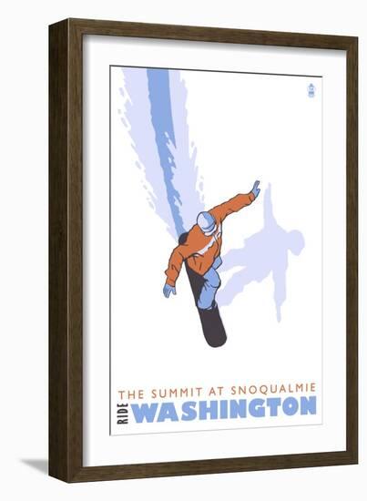 The Summit of Snoqualmie, WA, Stylized Snowboarder-Lantern Press-Framed Art Print