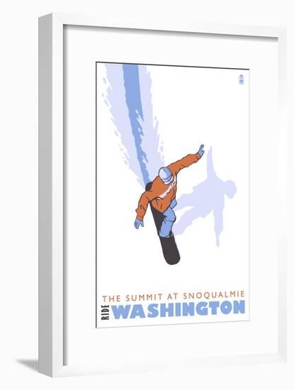 The Summit of Snoqualmie, WA, Stylized Snowboarder-Lantern Press-Framed Art Print