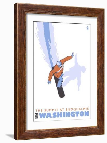 The Summit of Snoqualmie, WA, Stylized Snowboarder-Lantern Press-Framed Art Print