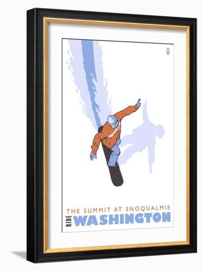 The Summit of Snoqualmie, WA, Stylized Snowboarder-Lantern Press-Framed Art Print