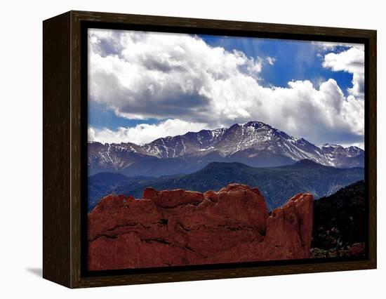 The Sun Breaks Through the Clouds to Highlight the Summit of Pikes Peak-null-Framed Premier Image Canvas