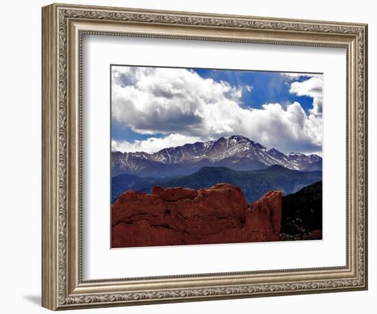 The Sun Breaks Through the Clouds to Highlight the Summit of Pikes Peak--Framed Photographic Print
