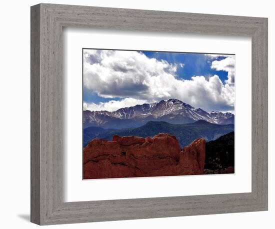 The Sun Breaks Through the Clouds to Highlight the Summit of Pikes Peak-null-Framed Photographic Print