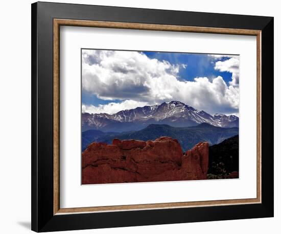 The Sun Breaks Through the Clouds to Highlight the Summit of Pikes Peak-null-Framed Photographic Print