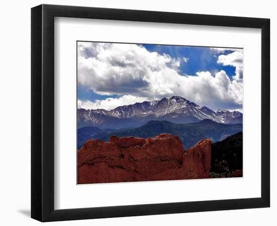 The Sun Breaks Through the Clouds to Highlight the Summit of Pikes Peak--Framed Photographic Print