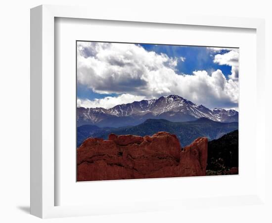 The Sun Breaks Through the Clouds to Highlight the Summit of Pikes Peak--Framed Photographic Print